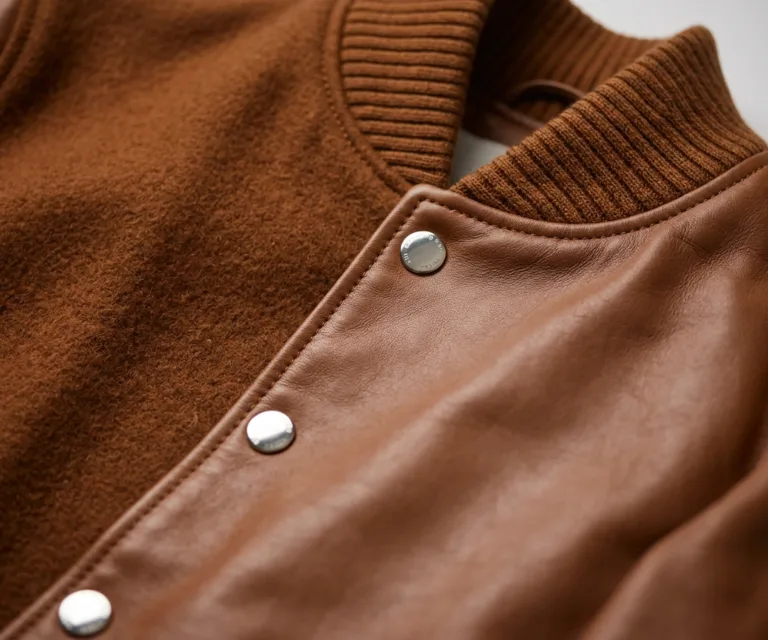 Savant White & Brown Hybrid Varsity Jacket Macro Hardware Detail 1080x900