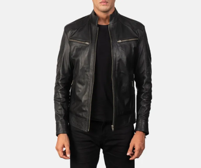 Mack Black Leather Biker Jacket — Front Open Hero Presentation