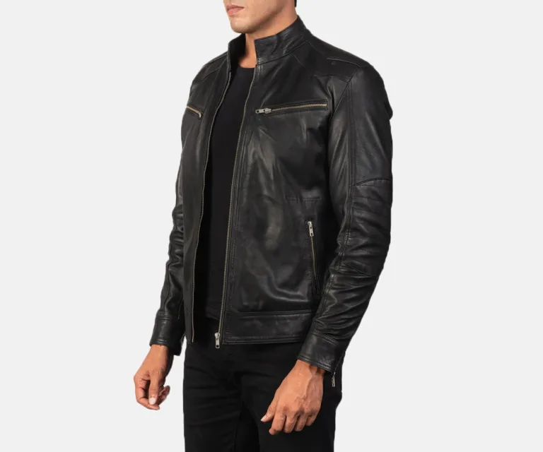 Mack Black Leather Biker Jacket — Quarter Angle Side Profile & Contoured Sleeve Detail