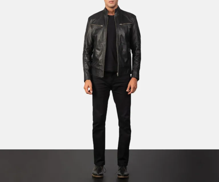 Mack Black Leather Biker Jacket — Front Zipped Placket & Band Collar Detail