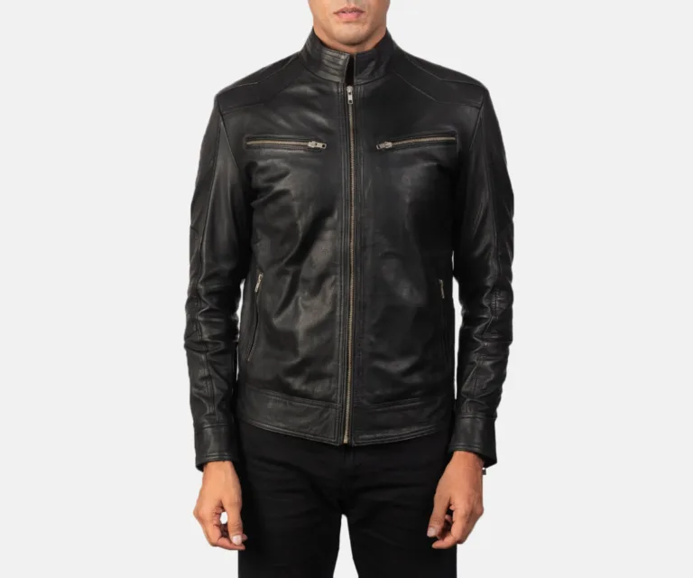 Mack Black Leather Biker Jacket — Rear Back View & Tapered Waistband