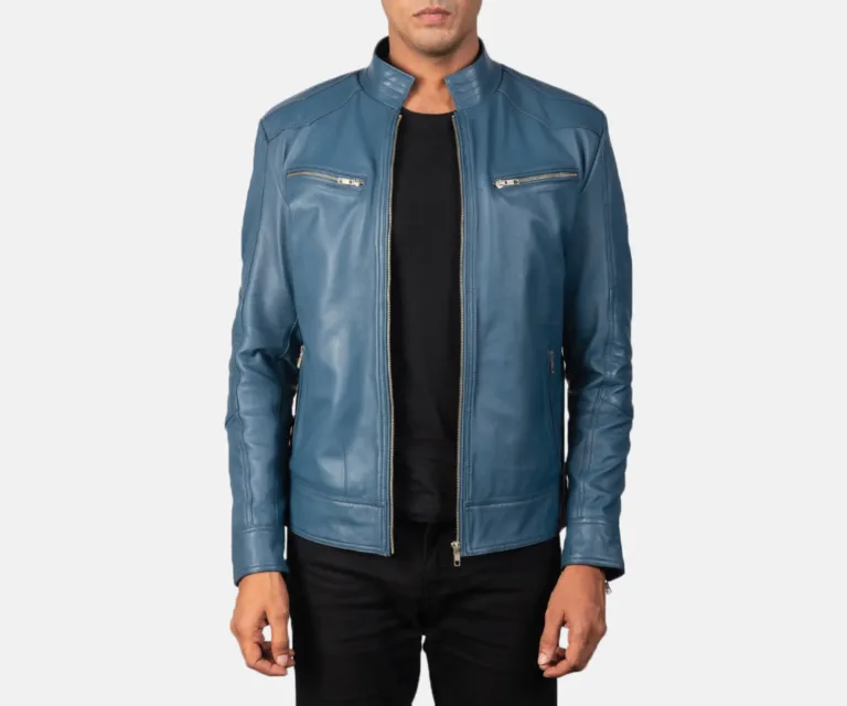 Mack Blue Leather Biker Jacket — Front Open Hero Presentation