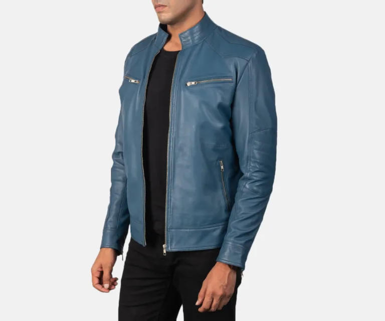 Mack Blue Leather Biker Jacket — Quarter Angle Profile & Contoured Sleeve Detail