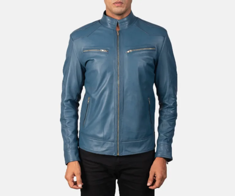Mack Blue Leather Biker Jacket — Rear Back View & Clean Hemline