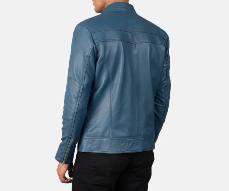 Mack Blue Leather Biker Jacket — Macro Detail Texture, Stitching & Hardware
