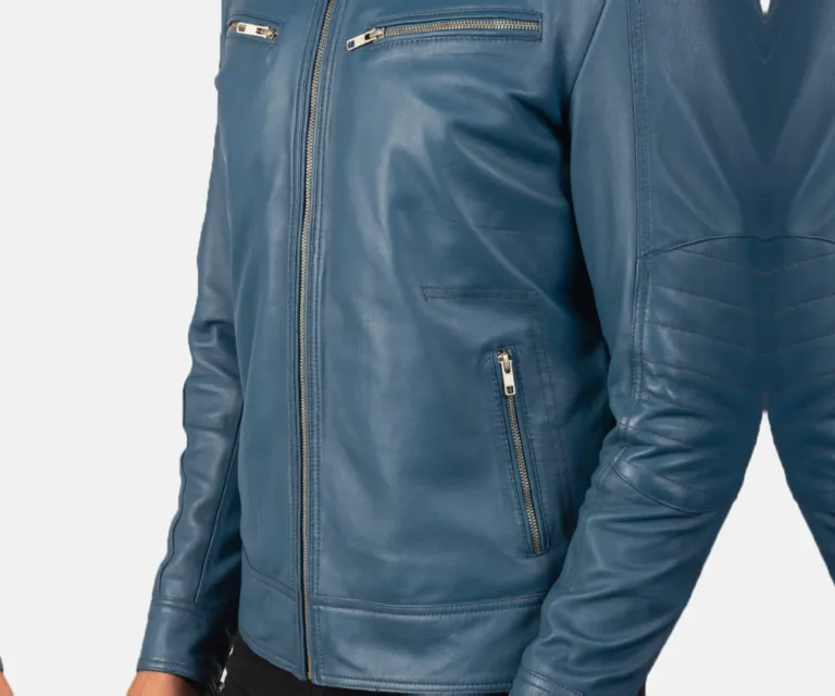 Mack Blue Leather Biker Jacket — Full-Length Model Editorial Presentation