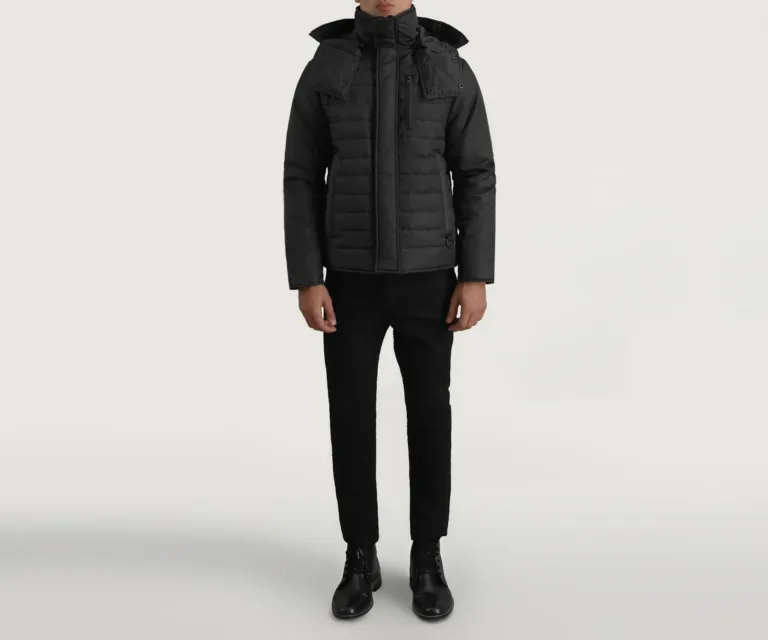 Malcolm Black Hooded Puffer Jacket — Quarter Angle Profile & Contoured Sleeve Detail
