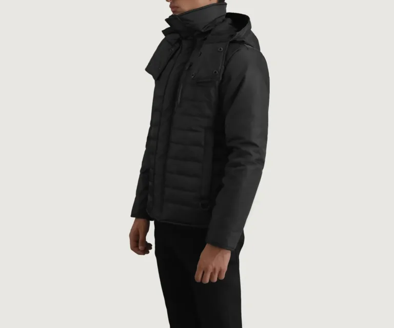 Malcolm Black Hooded Puffer Jacket — Front Collar & Placket Thermal Detail