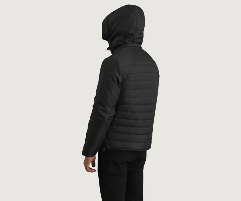 Malcolm Black Hooded Puffer Jacket — Rear Back View & Tailored Hemline