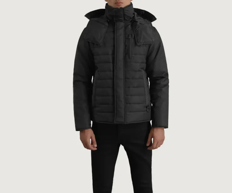 Malcolm Black Hooded Puffer Jacket — Macro Detail Texture, Stitching & Hardware