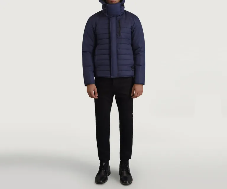 Malcolm Blue Hooded Puffer Jacket — Quarter Angle Profile & Contoured Sleeve Detail