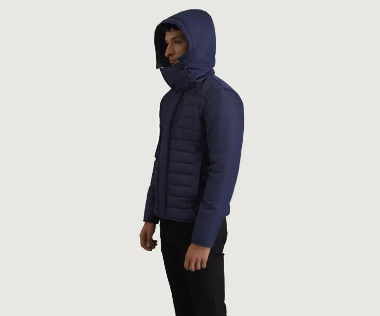 Malcolm Blue Hooded Puffer Jacket — Front Collar & Placket Thermal Detail