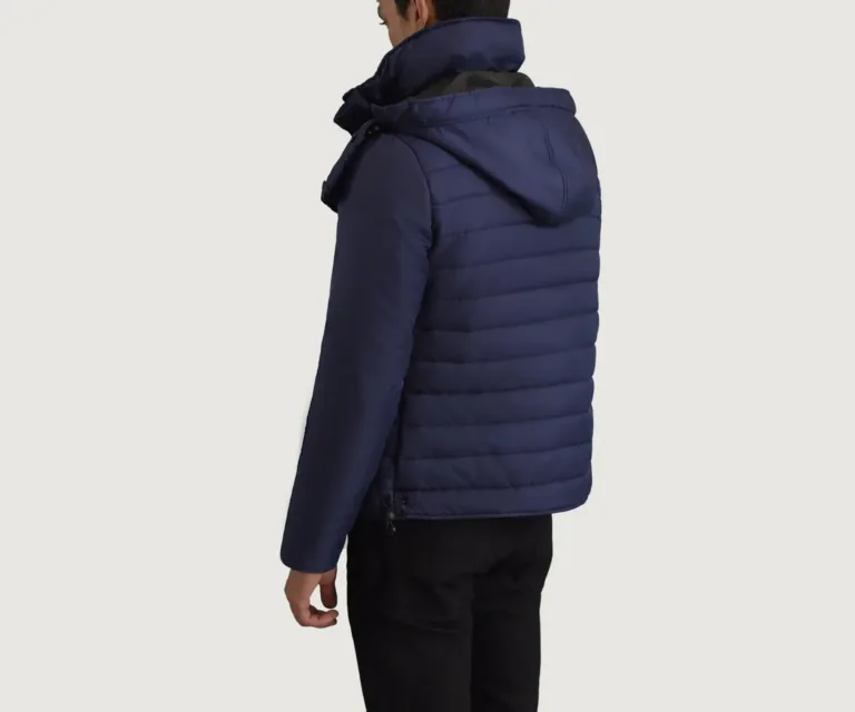 Malcolm Blue Hooded Puffer Jacket — Rear Back View & Tailored Hemline