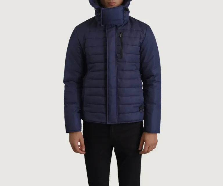 Malcolm Blue Hooded Puffer Jacket — Macro Detail Texture, Stitching & Hardware
