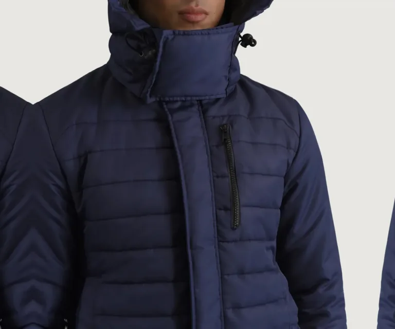 Malcolm Blue Hooded Puffer Jacket — Full-Length Model Editorial Presentation