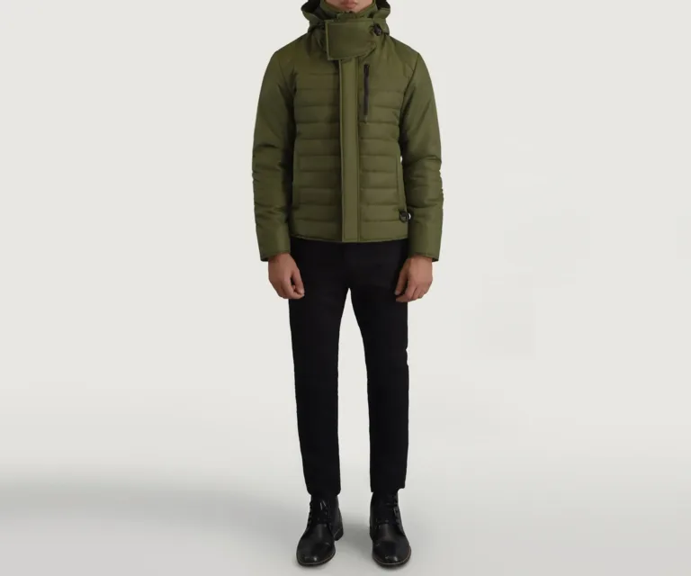 Malcolm Green Hooded Puffer Jacket — Quarter Angle Profile & Contoured Sleeve Detail