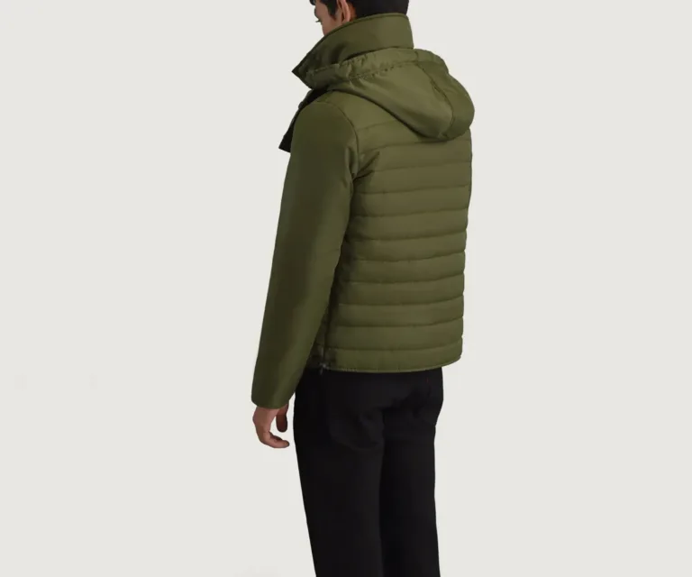 Malcolm Green Hooded Puffer Jacket — Rear Back View & Tailored Hemline