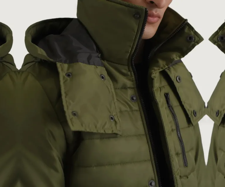 Malcolm Green Hooded Puffer Jacket — Macro Detail Texture, Stitching & Hardware