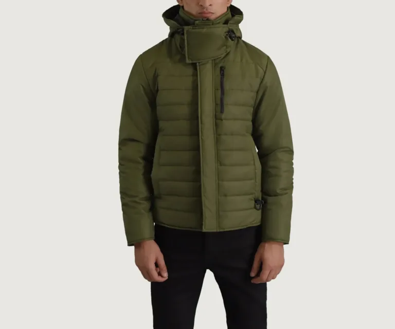 Malcolm Green Hooded Puffer Jacket — Full-Length Model Editorial Presentation