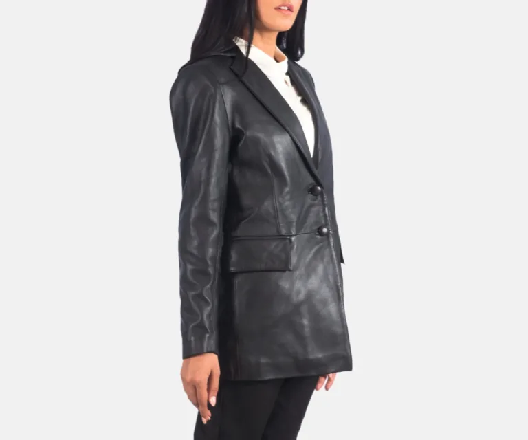 Marilyn Black Leather Blazer Luxury Women's Outerwear — Macro Hardware & Leather Grain