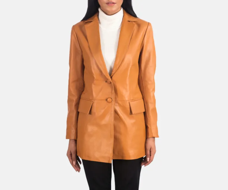 Marilyn Tan Brown Leather Blazer Luxury Women's Outerwear — Front Silhouette Hero Presentation