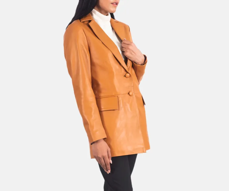 Marilyn Tan Brown Leather Blazer Luxury Women's Outerwear — Three-Quarter Editorial Perspective