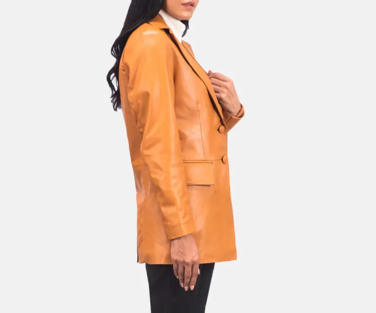 Marilyn Tan Brown Leather Blazer Luxury Women's Outerwear — Rear Profile & Tailored Seaming