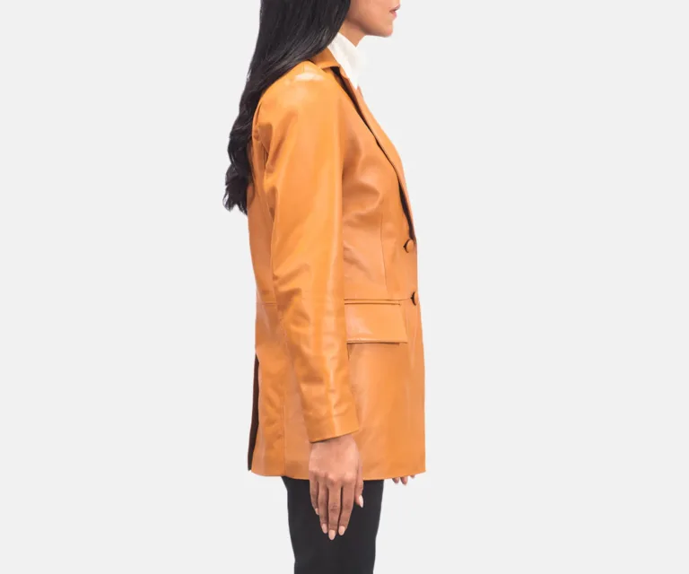 Marilyn Tan Brown Leather Blazer Luxury Women's Outerwear — Macro Hardware & Leather Grain