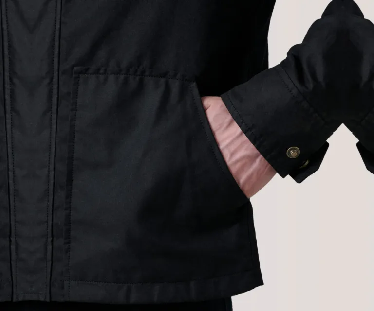 Marlo Black Canvas Hooded Work Jacket — Macro Hardware & Fabric Texture