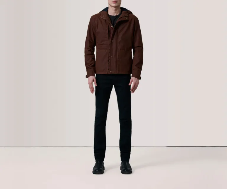 Marlo Brown Canvas Hooded Work Jacket — Full Body Perspective