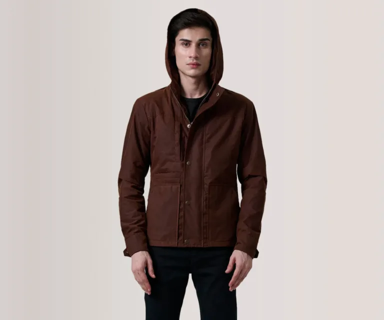 Marlo Brown Canvas Hooded Work Jacket — Front Close-Up View