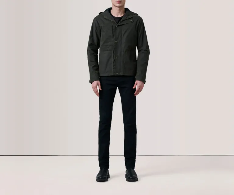 Marlo Olive Canvas Hooded Work Jacket — Full Body Perspective