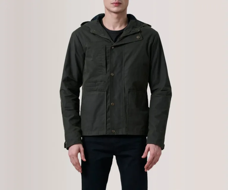 Marlo Olive Canvas Hooded Work Jacket — Front Close-Up View