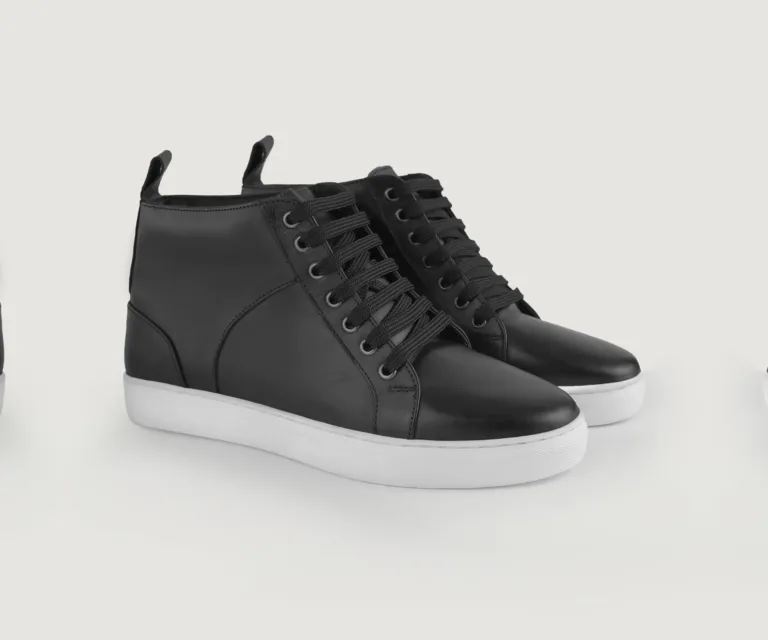 Marty High Top Black Leather Sneakers Handcrafted Men's Footwear — Lateral Profile Hero View