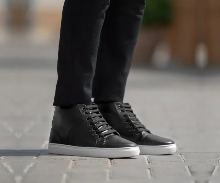 Marty High Top Black Leather Sneakers Handcrafted Men's Footwear — Outsole Tread & Seam Craftsmanship