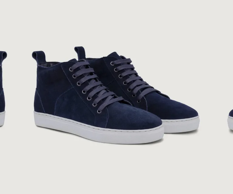 Marty High Top Blue Suede Leather Sneakers Handcrafted Men's Footwear — Lateral Profile Hero View
