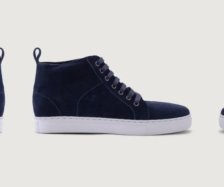 Marty High Top Blue Suede Leather Sneakers Handcrafted Men's Footwear — Three-Quarter Perspective