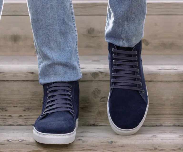 Marty High Top Blue Suede Leather Sneakers Handcrafted Men's Footwear — Complete Pair Presentation