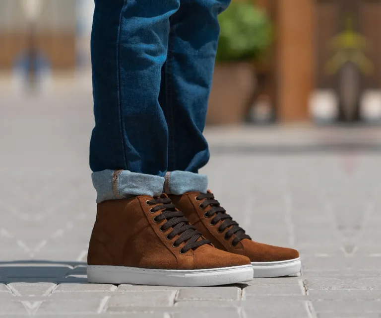 Marty High Top Brown Suede Sneakers Handcrafted Men's Footwear — Lateral Profile Hero View