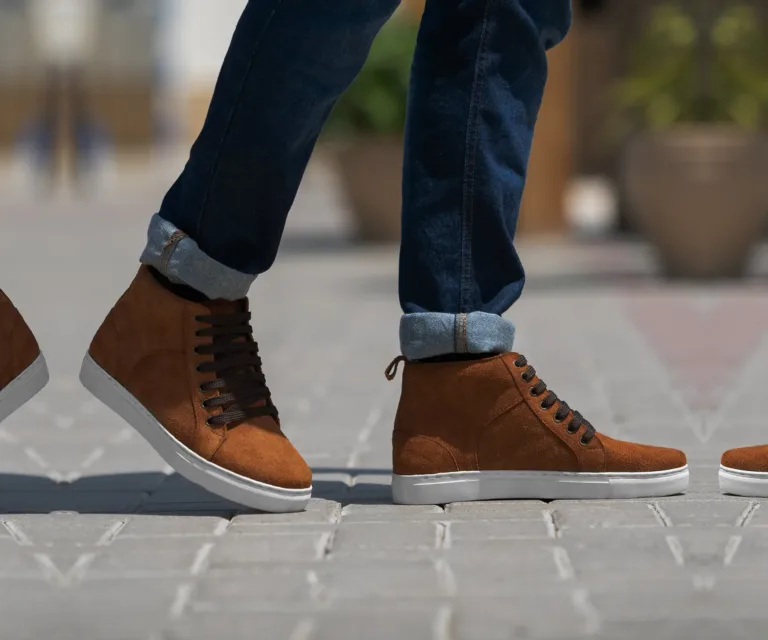 Marty High Top Brown Suede Sneakers Handcrafted Men's Footwear — Three-Quarter Perspective