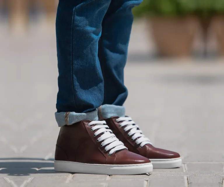 Marty High Top Maroon Leather Sneakers Handcrafted Men's Footwear — Lateral Profile Hero View