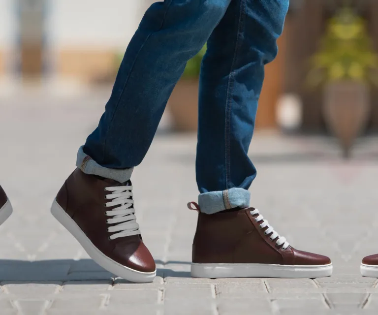 Marty High Top Maroon Leather Sneakers Handcrafted Men's Footwear — Toe Cap & Vamp Detail
