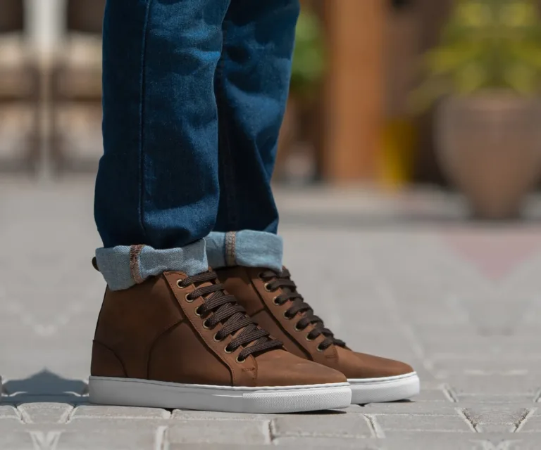 Marty High Top Pull-up Brown Leather Sneakers Handcrafted Men's Footwear — Lateral Profile Hero View