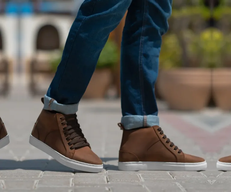 Marty High Top Pull-up Brown Leather Sneakers Handcrafted Men's Footwear — Three-Quarter Perspective