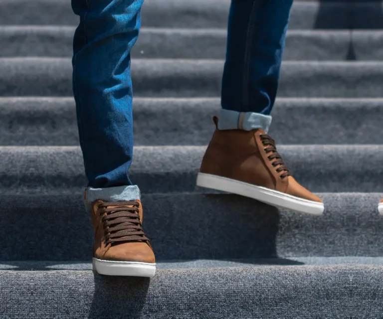 Marty High Top Pull-up Brown Leather Sneakers Handcrafted Men's Footwear — Toe Cap & Vamp Detail