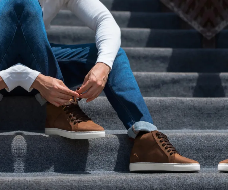 Marty High Top Pull-up Brown Leather Sneakers Handcrafted Men's Footwear — Heel Counter & Rear View