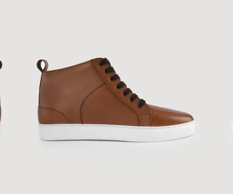 Marty High Top Tan Leather Sneakers Handcrafted Men's Footwear — Three-Quarter Perspective