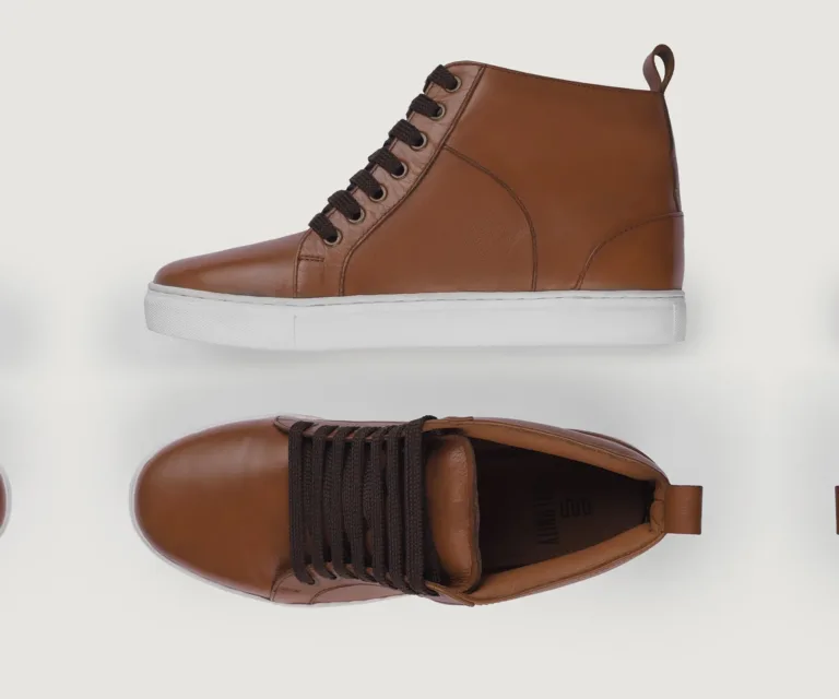 Marty High Top Tan Leather Sneakers Handcrafted Men's Footwear — Toe Cap & Vamp Detail