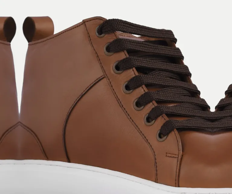 Marty High Top Tan Leather Sneakers Handcrafted Men's Footwear — Heel Counter & Rear View