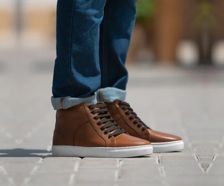 Marty High Top Tan Leather Sneakers Handcrafted Men's Footwear — Outsole Tread & Seam Craftsmanship